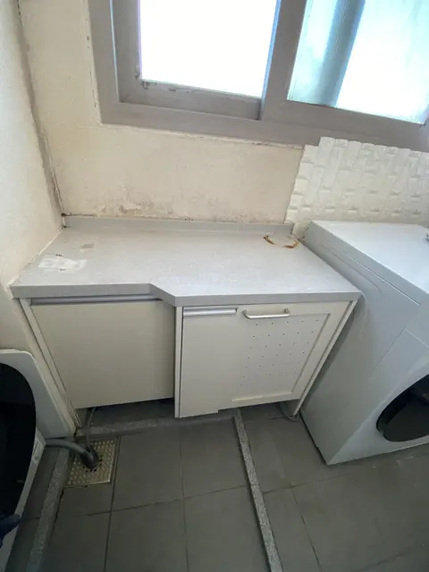 작업 전 · 세탁기 사이 베란다 싱크대 — 베란다 싱크대 상판·수납장 철거